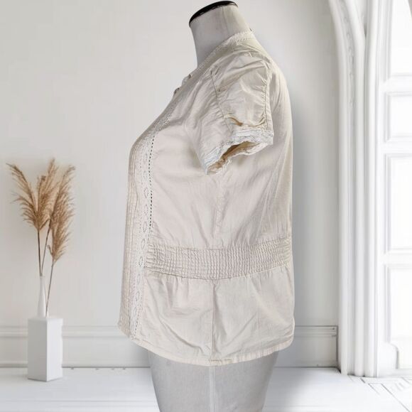 Naf Naf Ivory Cotton Top Size L Pintucks Crochet Lace Trim - Picture 2 of 14